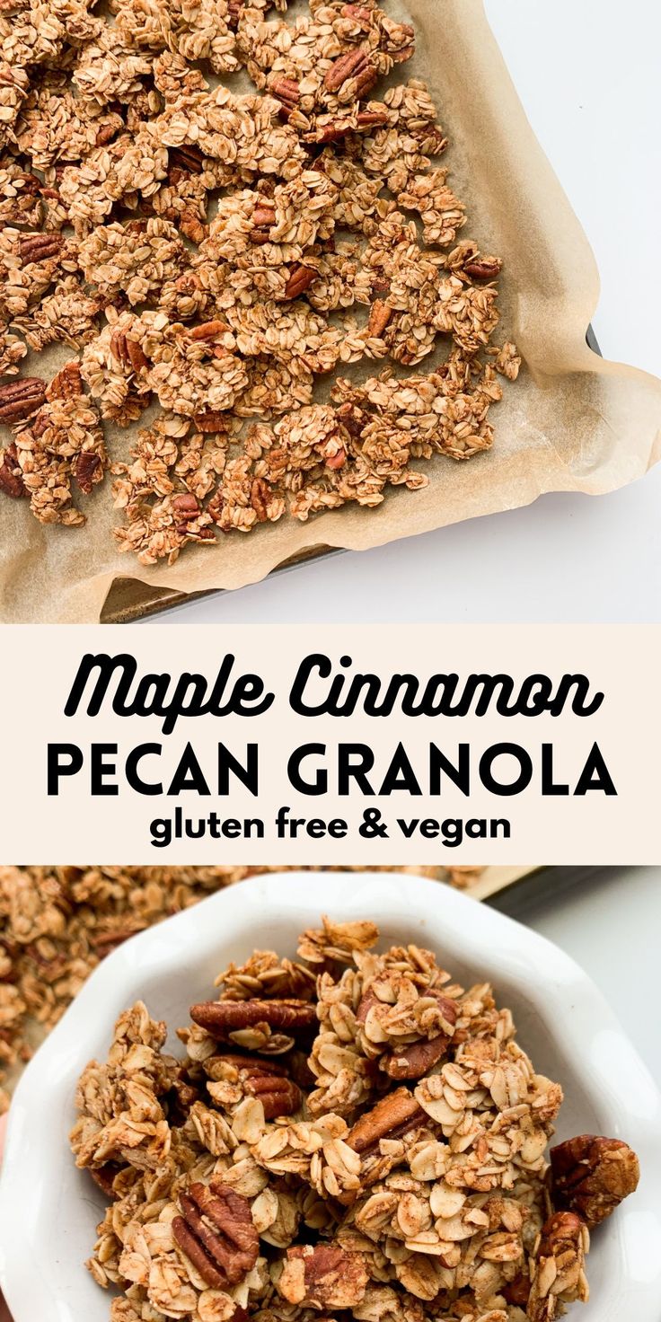 maple cinnamon pecan granola in a white bowl