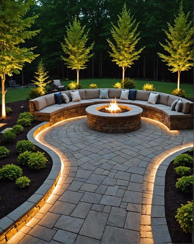 an outdoor fire pit surrounded by landscaping lights