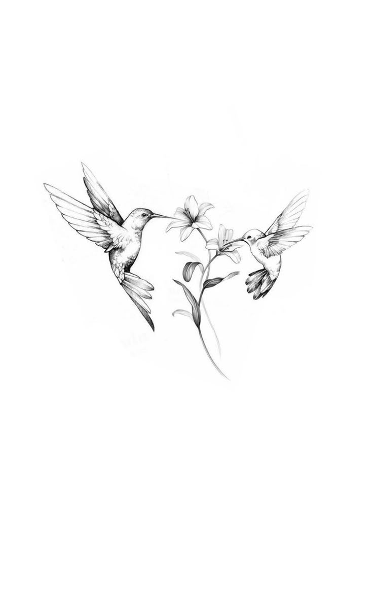 Discover a tasteful and elegant hummingbird tattoo design. This dainty and subtle tattoo features two hummingbirds flying next to each other on a white background. Perfect for those looking for a pretty and feminine body art tattoo.