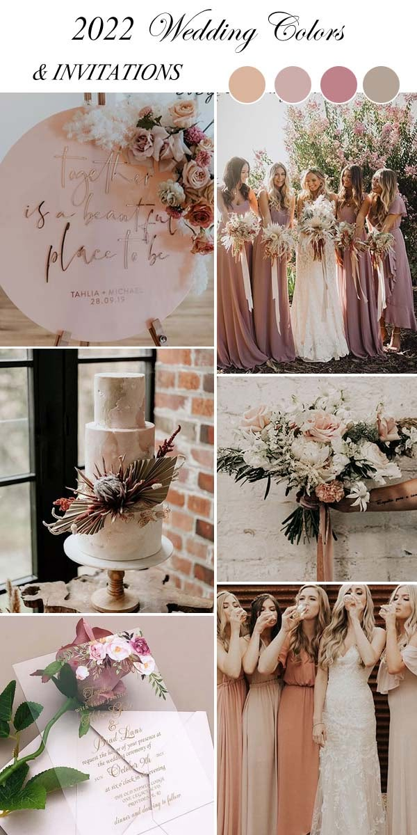 a collage of photos with flowers and wedding colors, including pinks, peaches,