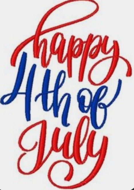 the phrase happy 4th of july in red, white and blue ink on a white background