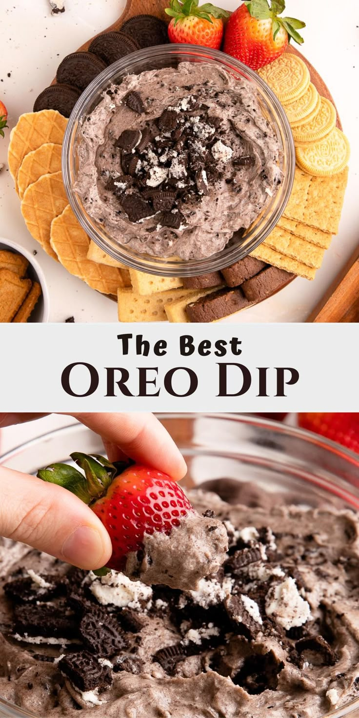 Oreo dip in bowl and with strawberry. 3 Ingredient Dessert Dip, Easy Oreo Dip, Dessert Dips Gluten Free, Dip For Appetizers, Monster Cookie Dessert Dip, Oreo Fruit Dip, Fun Dessert Dips, Oreo Fluff Dip, Dessert Party Dips