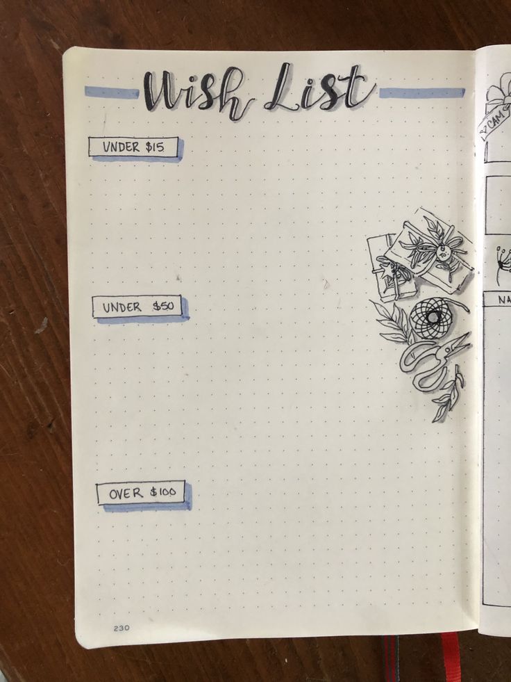 an open notebook with the words wish list written on it