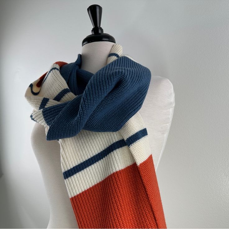 New With Tags Eleventy Wool Knit Scarf Heavier Scarf Striped With Burnt Orange,Off White, Slate Blue Color 13 Inches Wide By 72 Inches Long No Apparent Flaws See Photos Wool Knit Scarf, Orange Scarf, Large Scarf, Striped Scarves, Fringe Scarf, Cream Style, Wool Knit, Cashmere Scarf, Slate Blue