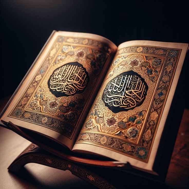 an open book with arabic writing on it sitting on top of a wooden table next to a window