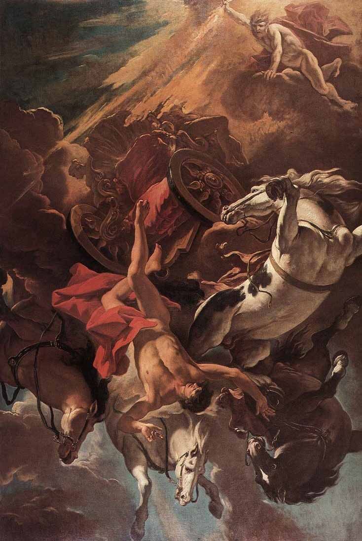 an image of a painting with horses and men on it's back in the sky