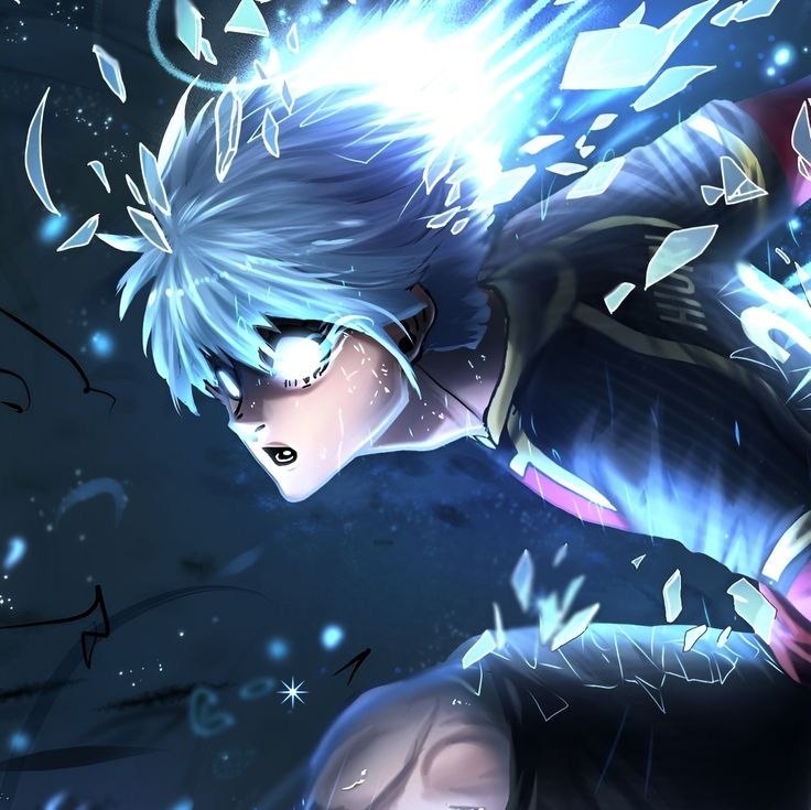 an anime character with white hair and blue eyes is flying through the air while surrounded by feathers