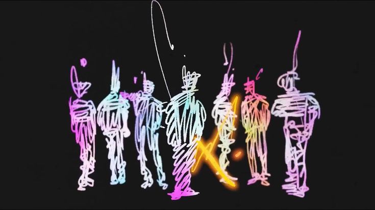 the silhouettes of people are drawn in neon colors on a black background, with an orange light at the bottom