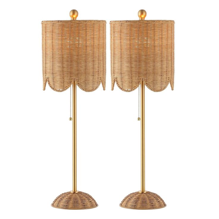 two lamps with wicker shades on them