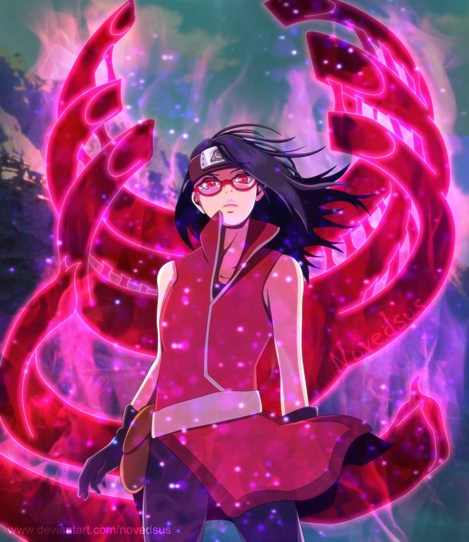 an anime character standing in front of a purple background with red and pink swirls