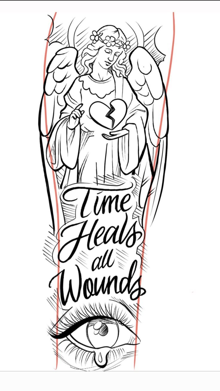 a drawing of an angel with the words time heals and wonder on it's side