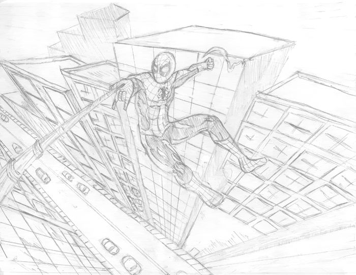 a pencil drawing of a spider man flying through the air on top of skyscrapers