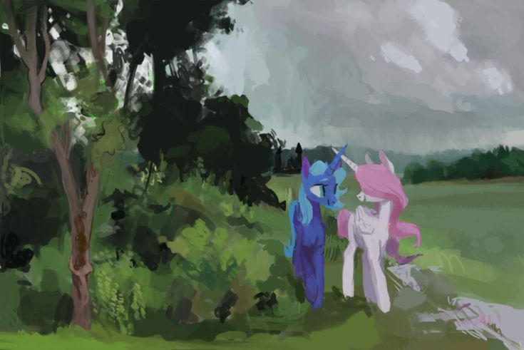 two ponies are walking in the grass near some trees and bushes, one has pink hair