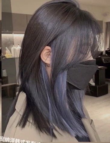 Ash Blue Peekaboo Hair, Ash Blue Highlights On Black Hair, Ashy Blue Highlights, Hair Dye Ideas For Long Black Hair, Hair Color Peak Aboo, Blue Gray Highlights On Dark Hair, Dark Dyed Hair Ideas, Silver Blue Peekaboo Hair, Underneath Blue Hair