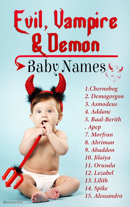 a baby with devil horns on it's head is sitting in front of a sign that says evil, vampire & demon baby names