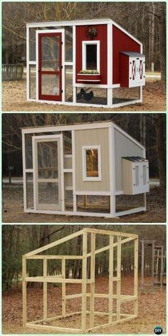 three pictures of different types of chicken coops in various stages of construction, including the doors and windows