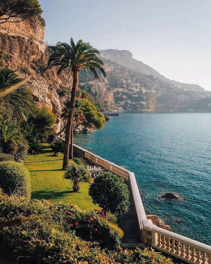 an ocean view with palm trees and flowers on the lawn next to the water's edge