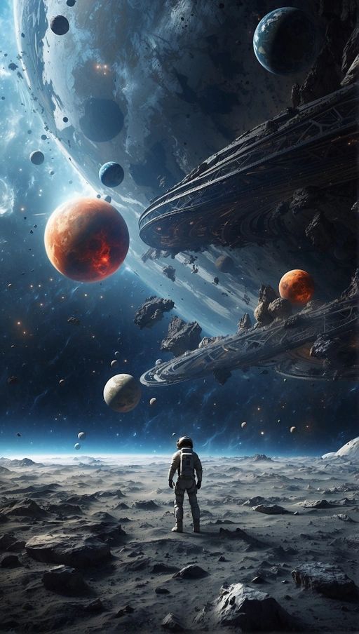 an astronaut standing on the moon with many planets in the background, and one person looking at them