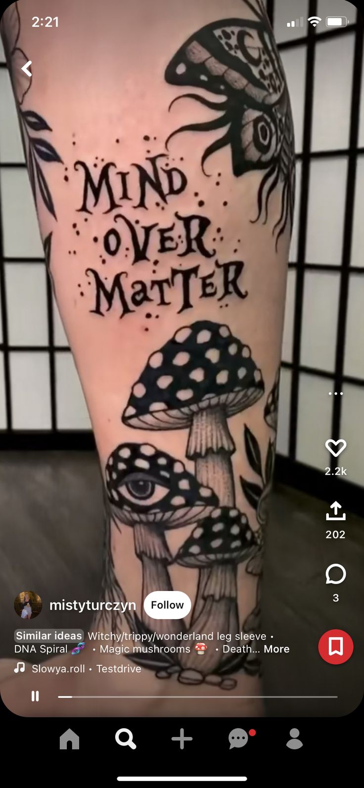 a tattoo with mushrooms on it and the words mind over matter