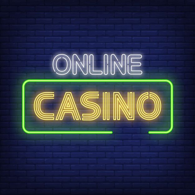 neon casino sign with the words online casino glowing against a dark brick wall background illustration