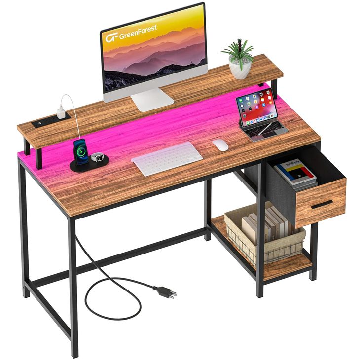 a computer desk with a laptop, keyboard and mouse next to it on a white background