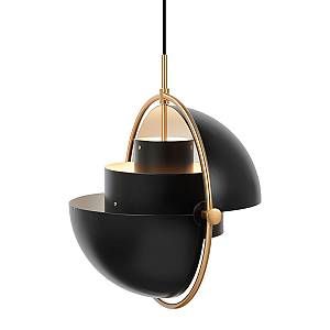 a black and gold pendant light hanging from a metal rod with two circular lights on each end