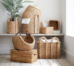 baskets and boxes are stacked on top of each other in the same room, with text that reads organized bliss sort and store with handcrafted baskets