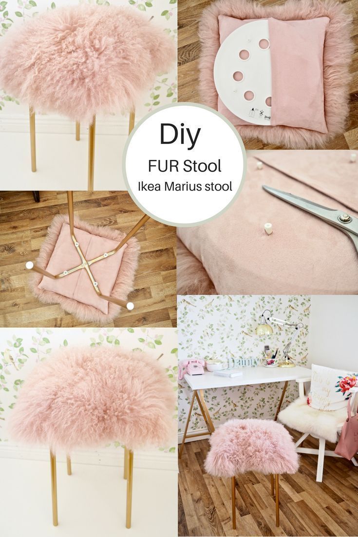 a collage of photos with pink furniture and accessories on it, including a chair, table