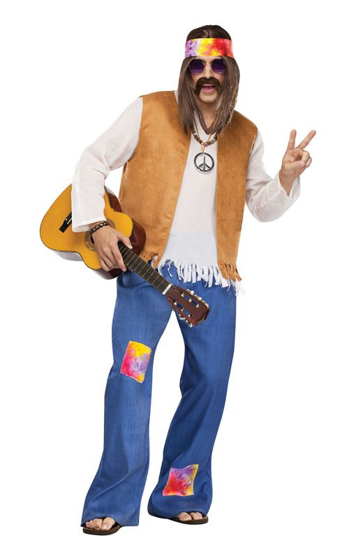 a man dressed in hippie clothing with a guitar and peace sign on his shirt