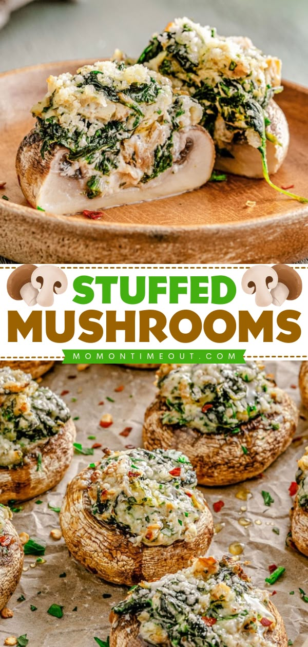 Whip up this mushroom recipe for your tailgating party! It's a game day appetizer everyone will love. Baked with cream cheese, spinach, and more, these easy stuffed mushrooms are the BEST. Such a mouthwatering football food idea! Lazy Stuffed Mushrooms, Mushroom Spinach Appetizers, Stuffed Mushroom Recipes Easy, Cream Cheese Spinach Stuffed Mushrooms, Filled Mushrooms Recipe, Creamy Stuffed Mushrooms, Spinach Stuffed Portabella Mushroom Recipes, Giant Stuffed Mushrooms, Spinach Dip Stuffed Mushrooms