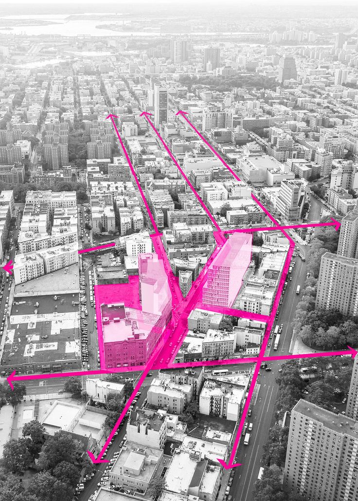 an aerial view of a city with pink lines