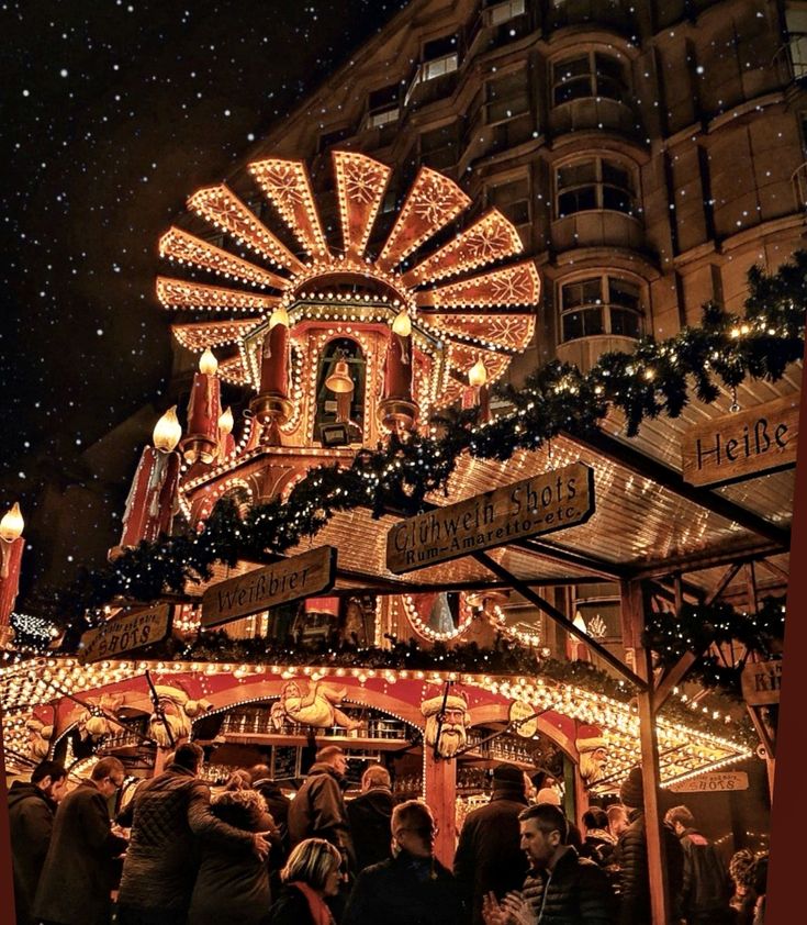 people are standing in front of a carousel with lights and decorations on it at night