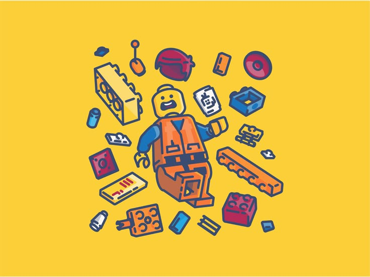 an illustration of a man surrounded by various items on a yellow background, including keys and other objects