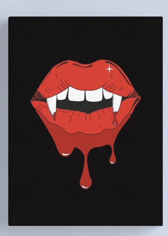 a red lips with dripping blood on the bottom and white teeth, in front of a black background canvas print