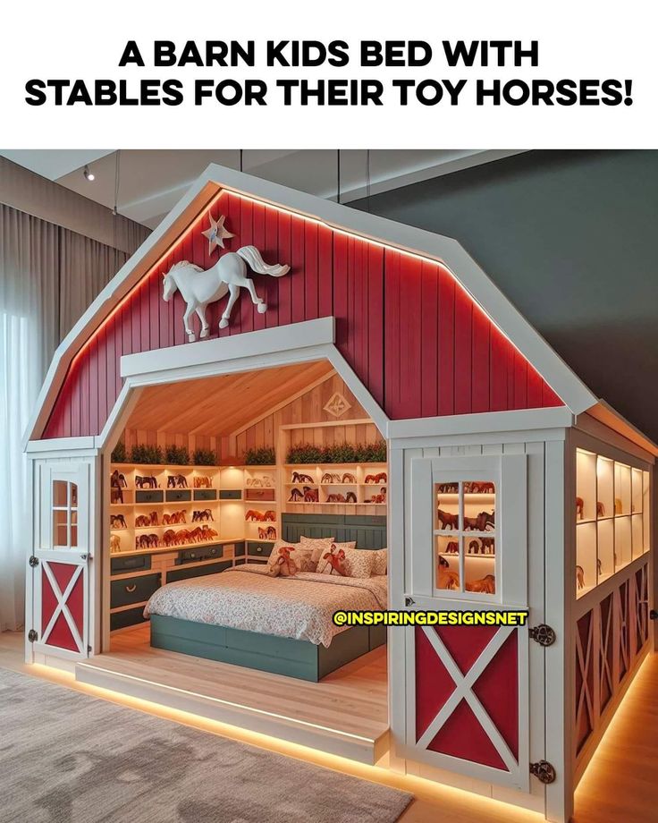 a barn bed with stables for their toy horses is shown in this advertise