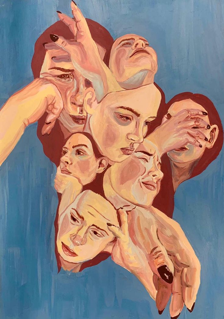 a painting of several people with their hands on each other's shoulders, all looking up at the sky