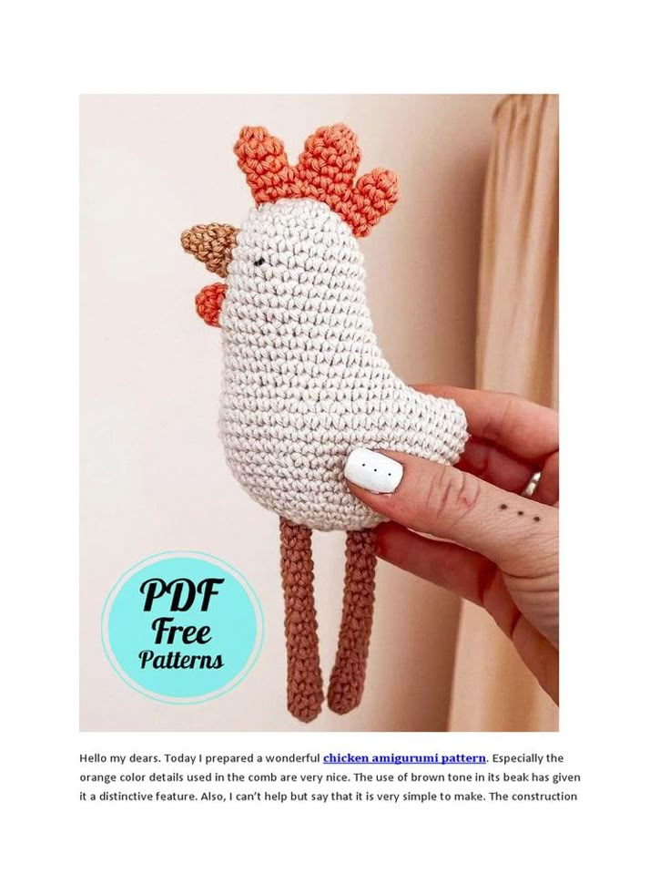 a crocheted chicken is being held up by someone's hand with the caption