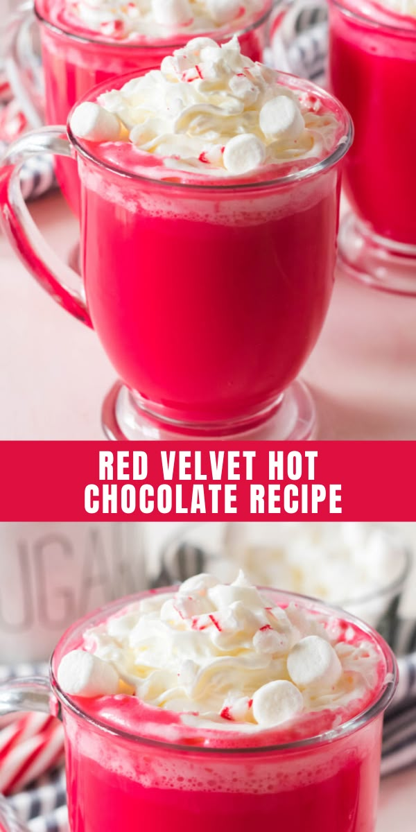 red velvet hot chocolate recipe with marshmallows and candy canes on top