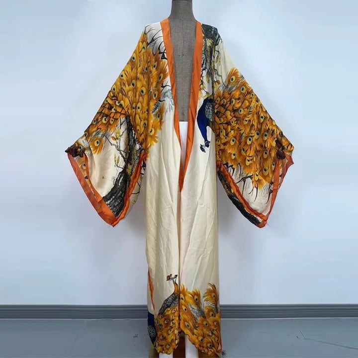 Cock-Tail Kimono – Lashawn Janae Chic V-neck Summer Kimono, Chic V-neck Kimono For Fall, Elegant V-neck Party Kimono, Elegant Silk Printed Maxi Dress, Spring Silk V-neck Kaftan, Elegant V-neck Kimono For Spring, Spring Long Silk Kimono, Spring Silk Long Kimono, Long Silk Kimono For Spring