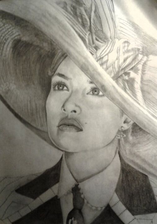 a drawing of a woman wearing a large hat