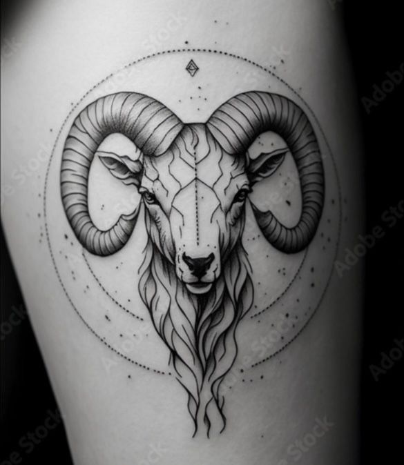 a ram with long horns on the side of a woman's thigh, in black and white