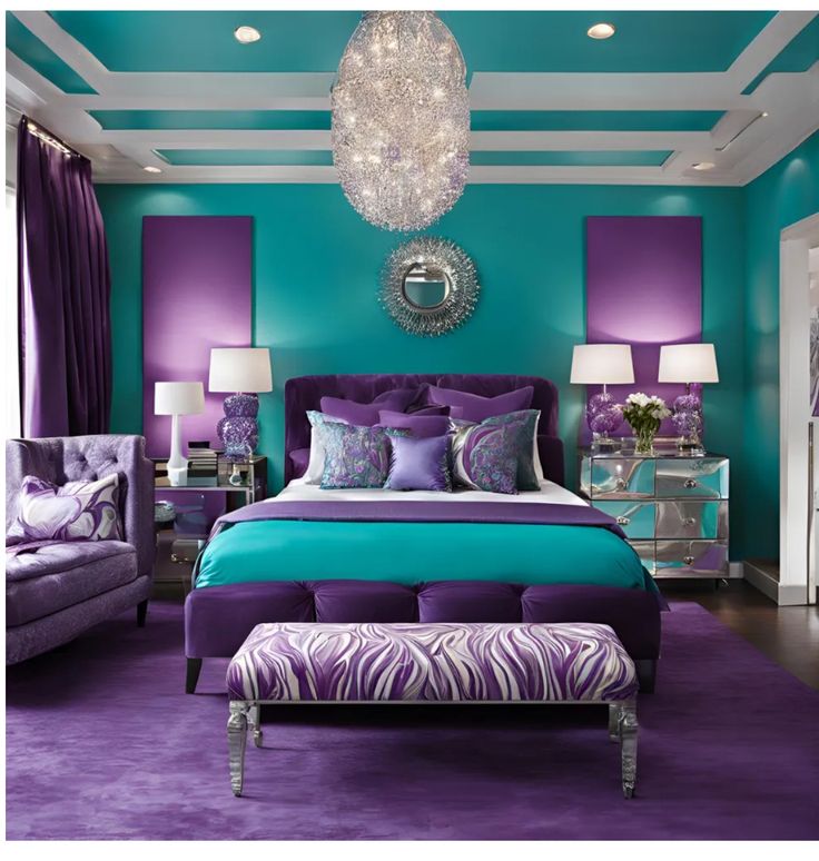 a bedroom with purple and teal colors