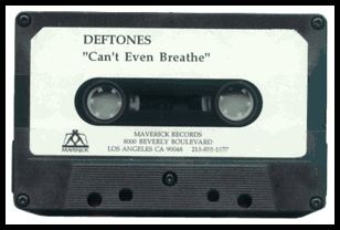 an old black and white cassette with the words deftones can't even breathe