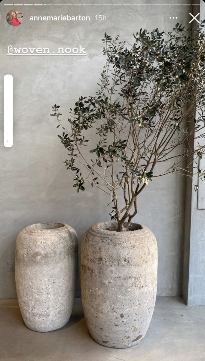 two cement planters sitting next to each other