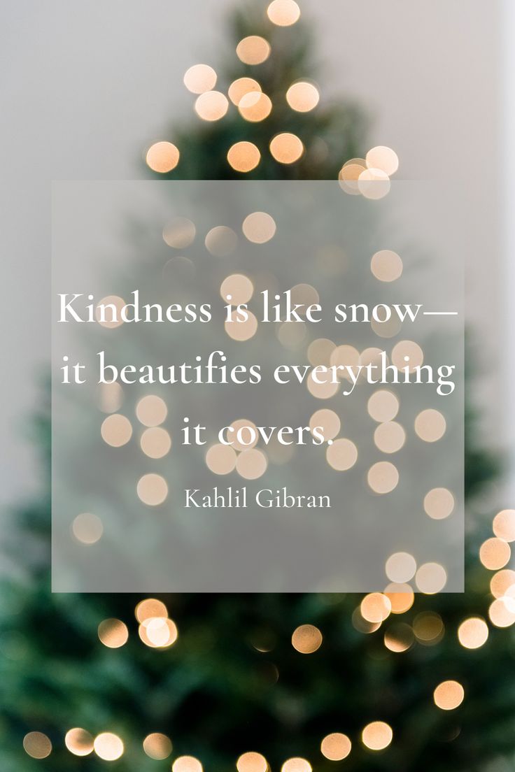 a christmas tree with lights in the background and a quote about kindness is like snow it beautifies everything it covers