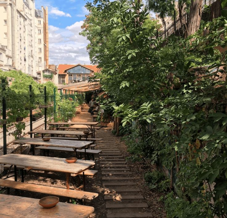 an outdoor picnic area with benches and trees in the background, surrounded by tall buildings