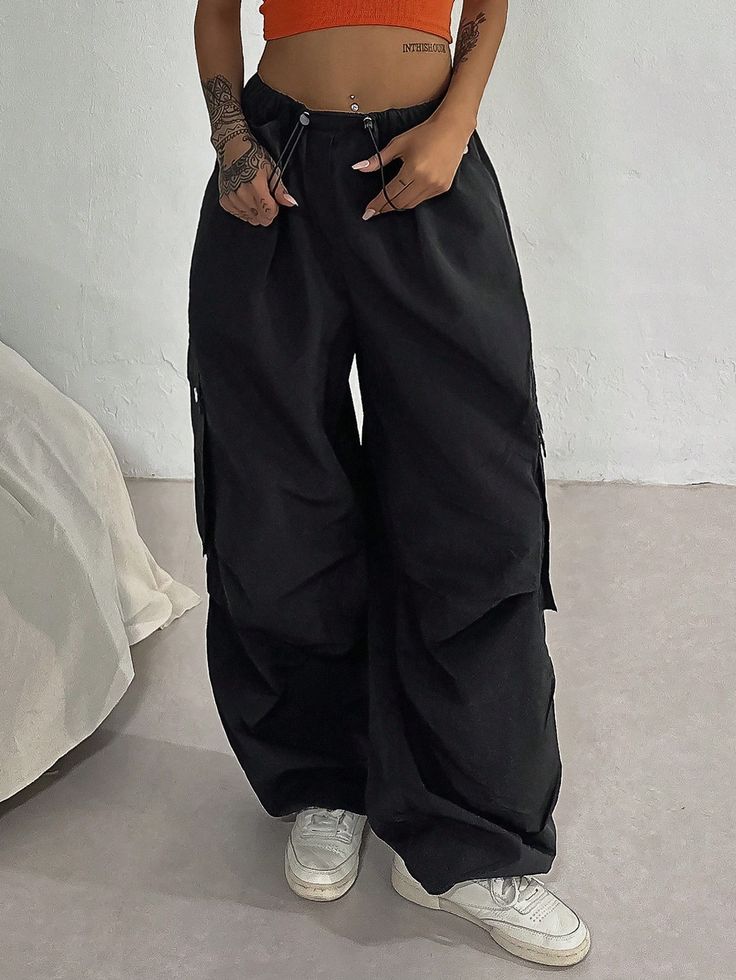 Women's Solid Color Front Drawstring Pocket Simple Cargo Jogger Baggy Pants Black Casual   Woven Fabric Plain Straight Leg Non-Stretch  Women Clothing, size features are:Bust: ,Length: ,Sleeve Length: Baggy Black Bottoms, Baggy Black Pants, Baggy Pants Black, Black Baggy Pants, Striped Wide Leg Pants, Black Cargo Pants, Cargo Joggers, Linen Pants Women, Baggy Pants