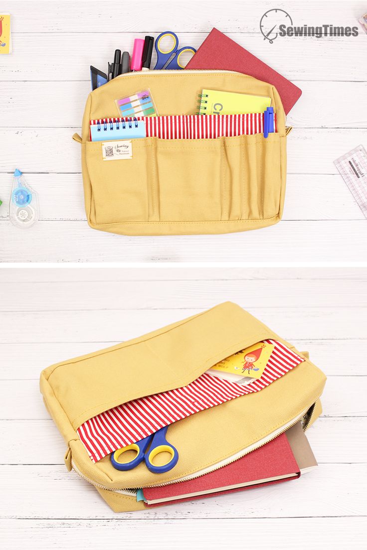 the zippered pouch has scissors, pencils and other items in it to keep things organized