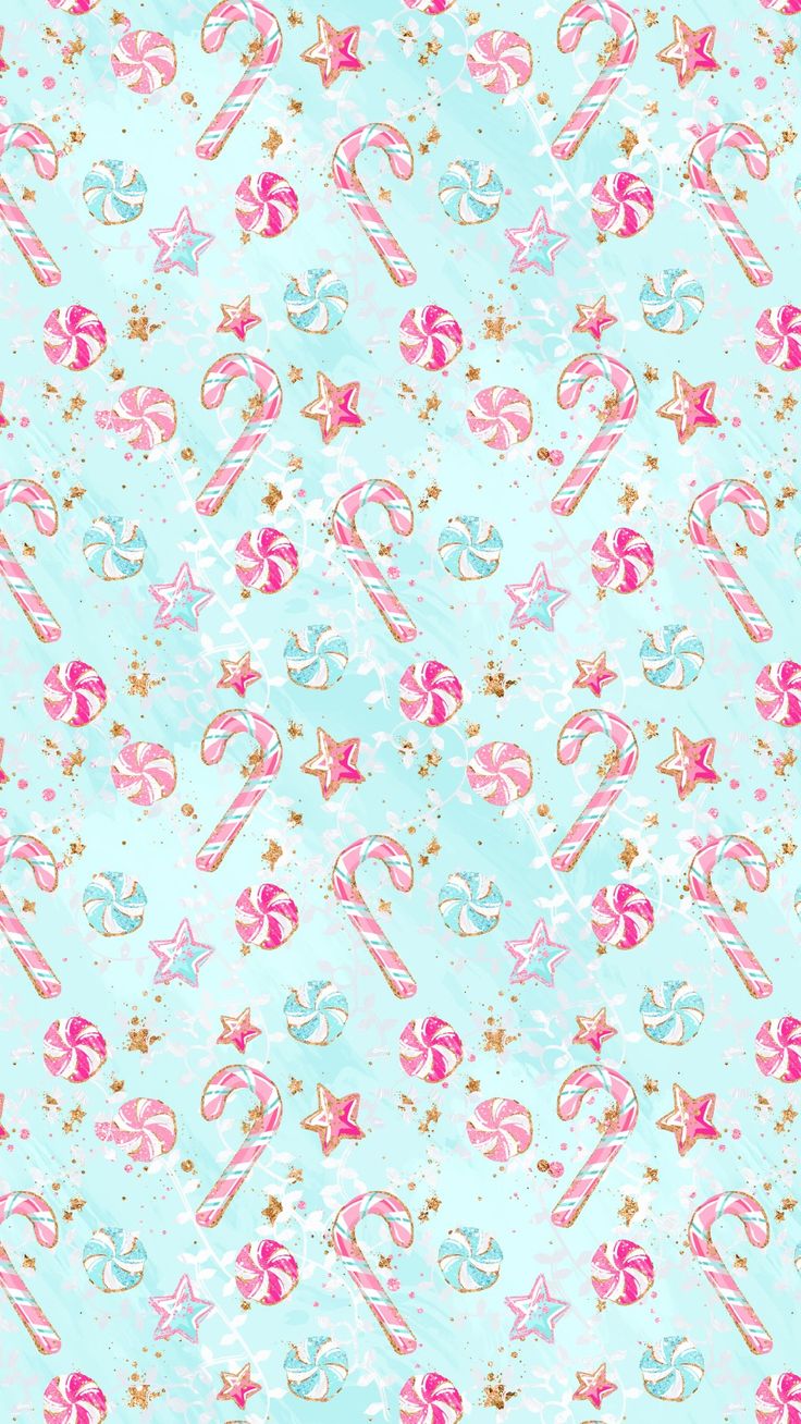 candy canes and stars are on a light blue background with pink, white and gold glitter