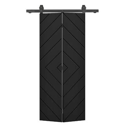 a black door with an arrow design on the top and bottom panel, in front of a white background